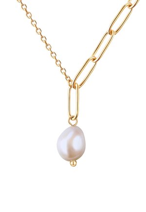 Gouden ketting met grote ovale schakels en een enkele onregelmatige witte parelhanger in het midden.