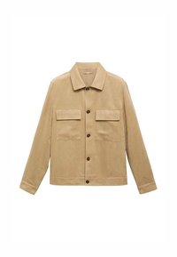 Beige suede jacket with a collar, front buttons, and two chest pockets. Features a relaxed fit and long sleeves. Smooth texture.