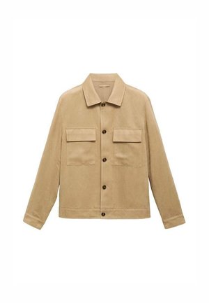 Beige suede jacket with a collar, front buttons, and two chest pockets. Features a relaxed fit and long sleeves. Smooth texture.
