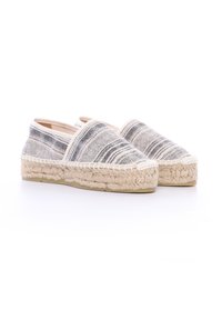 Espadrillas con toma grigia e bianca in tessuto intrecciato, suola in juta naturale e fodera interna morbida. Parte posteriore chiusa con design slip-on.