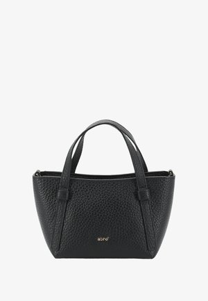 Schwarze, strukturiertes Lederhandtasche mit zwei Griffen und kleinem goldenen "abrò"-Logo auf der Vorderseite, trapezförmig, offenes Oberteil.