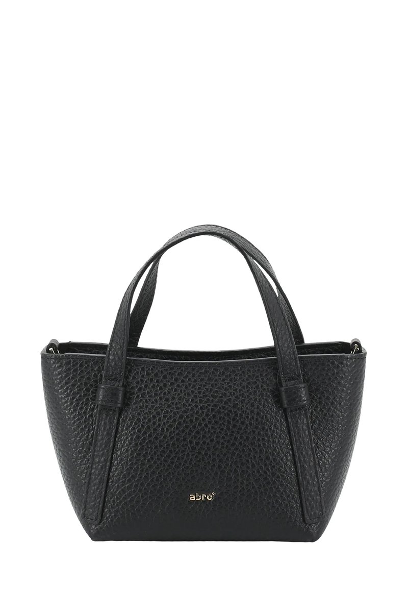 Schwarze, strukturiertes Lederhandtasche mit zwei Griffen und kleinem goldenen "abrò"-Logo auf der Vorderseite, trapezförmig, offenes Oberteil.