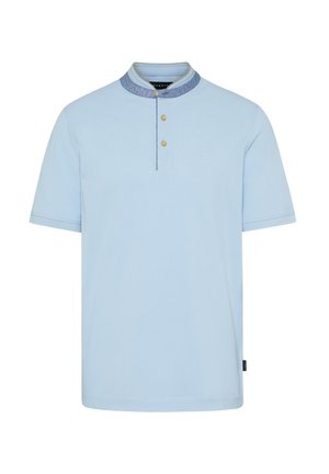 Helles blaues Polohemd aus Baumwolle, mit einem Denim-Kragen, Knopfleiste mit drei Knöpfen, kurzen Ärmeln und subtilen Logodetails.