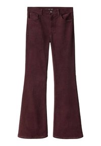Jeans a zampa di elefante bordeaux realizzati in tessuto morbido ed elastico. Presentano un design classico a cinque tasche e una zip con bottone in metallo.