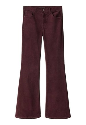 Jeans acampanados burdeos hechos de tela suave y elástica. Presentan un diseño clásico de cinco bolsillos y una cremallera con un botón de metal.