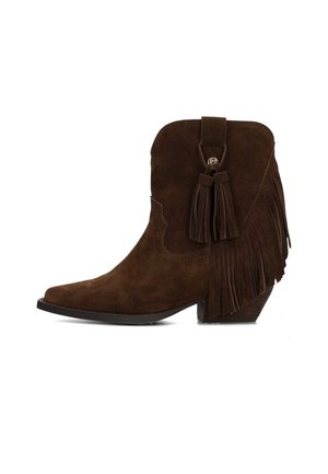 Bottine en daim brun foncé avec bout pointu, détails à franges latérales, tirette en forme de pompon et petit talon bloc incliné.