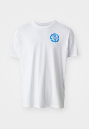 White cotton t-shirt with round neckline, short sleeves, and a blue circular graphic logo on the left chest. Soft texture, casual design.