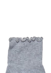 Gray socks with a ribbed texture and a decorative ruffled cuff, made of soft, stretchy material.