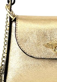 Gouden metallic leren handtas met een kettingriem, met een ronde flap en een vlinderembleem aan de voorkant. Glad van textuur.