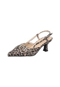 Leopard print slingback shoe with pointed toe, black buckle detail, and low heel. Made of textured fabric; neutral beige and black colors.