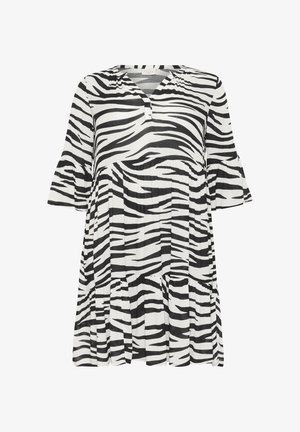 Black and white zebra-striped dress with a v-neck, flared 3/4 sleeves, and tiered ruffle hem. Lightweight, flowing fabric with a textured finish.