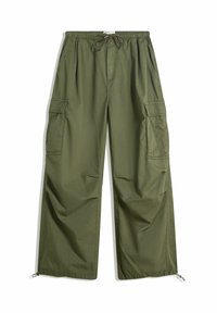 Olive green cargo pants with elastic waistband, drawstring, side flap pockets, and adjustable hems laid flat on white background.