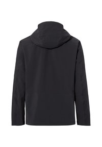 Black hooded jacket featuring a smooth texture and a straight cut. The back is unadorned, with minimal design details and long sleeves.