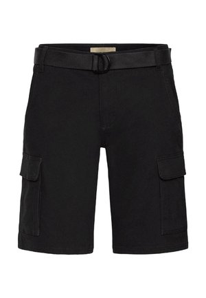 Zwarte cargo short tot op de knie met klepzakken aan elke kant en een verstelbare stoffen riem met een dubbele ringgesp.