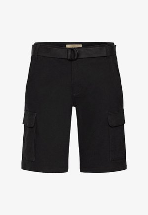 Zwarte cargo short tot op de knie met klepzakken aan elke kant en een verstelbare stoffen riem met een dubbele ringgesp.
