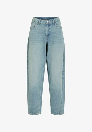 Jean droit taille haute bleu clair avec poches avant, passants pour ceinture, et fermeture par bouton et zip.