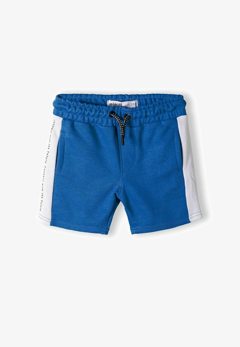 Shorts di cotone blu con vita elasticizzata, con pannelli laterali bianchi e cordino, adatti per l'abbigliamento casual.