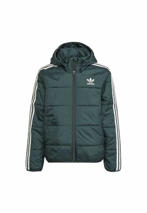 Ciemnozielona puchowa kurtka Adidas z kapturem, zapinana na zamek z przodu, z białymi trzema paskami na rękawach oraz logo Adidas na piersi.