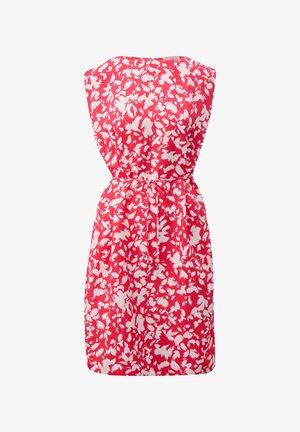 Červené šaty s bílým květinovým vzorem, bez rukávů, stáhnutý pas s páskem, hladká tkanina, délka ke kolenům, kulatý výstřih.