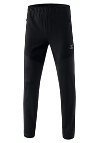 Pantalones deportivos negros hechos de material elástico, con un cinturón elástico y bolsillos laterales con cremallera. El diseño incluye paneles en contraste en los muslos.