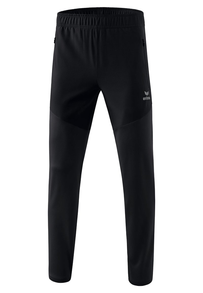 Pantalones deportivos negros hechos de material elástico, con un cinturón elástico y bolsillos laterales con cremallera. El diseño incluye paneles en contraste en los muslos.