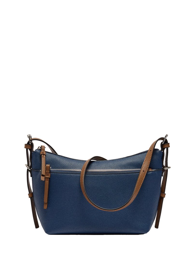 Granatowa skórzana torebka na ramię o teksturowym wykończeniu, z zippered górą i kontrastującymi brązowymi paskami. Posiada regulowany pasek i detale zamka.