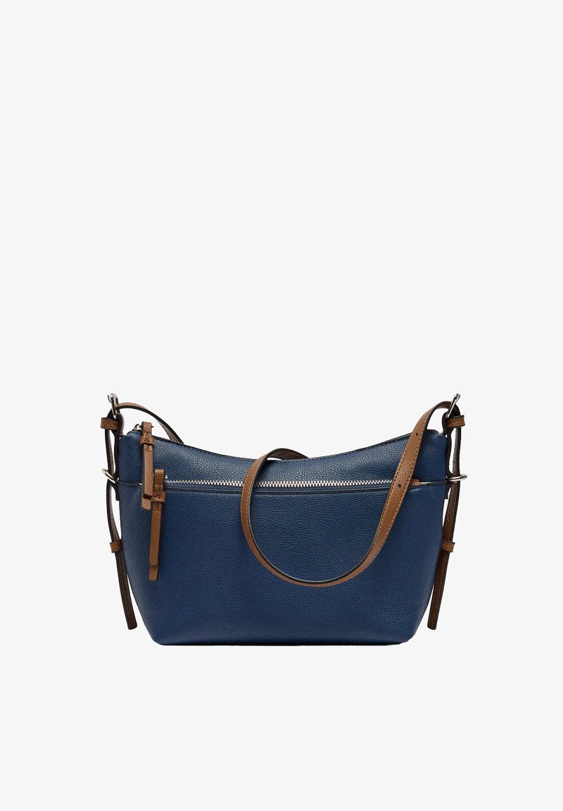 Granatowa skórzana torebka na ramię o teksturowym wykończeniu, z zippered górą i kontrastującymi brązowymi paskami. Posiada regulowany pasek i detale zamka.