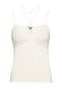 Biały prążkowany top na ramiączkach z regulowanymi cienkimi paskami, z centralnym wycięciem i marszczonym materiałem w okolicy biustu.