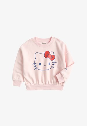 Lichtroze kindertrui met een eenvoudige Hello Kitty-gezicht met een rode strik aan de voorkant, geribbelde manchetten en zoom.