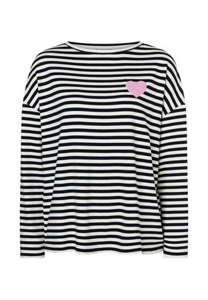 Black and white horizontal striped long-sleeve shirt with pink heart patch on the left chest.