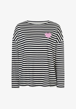 Zwart-wit gestreept shirt met lange mouwen en een roze hartpatch op de linkerborst.