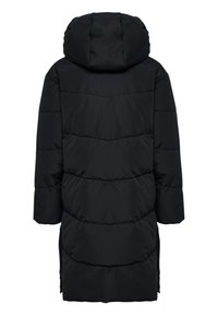 Schwarze Daunenjacke mit Kapuze, ausgestattet mit einem gesteppten Design und einem Mittel-Längen-Schnitt. Der Stoff erscheint glatt mit einer leicht glänzenden Textur.