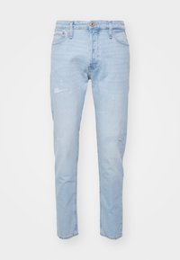 Lichtblauwe denim jeans met een rechte snit, voorzien van versleten details, een knoopsluiting en een vijf-pocket ontwerp.
