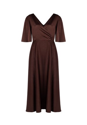 Bruine midi-jurk met een wikkeldesign, V-hals, korte pofmouwen en een zachte, gladde textuur. Stromend tot aan de zoom.