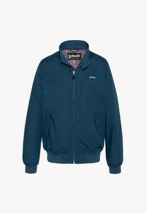 Chaqueta bomber en color azul verdoso, fabricada con tejido suave, que cuenta con cierre de cremallera, bolsillos laterales y un forro interior a cuadros. Logo de Schott en el pecho.