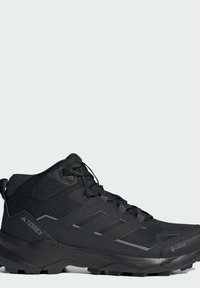 Czarne buty trekkingowe do kostki z wytrzymałą podeszwą, sznurowane z przodu, z siatkowym i syntetycznym wierzchem, widocznymi logo Terrex i Gore-Tex z boku.