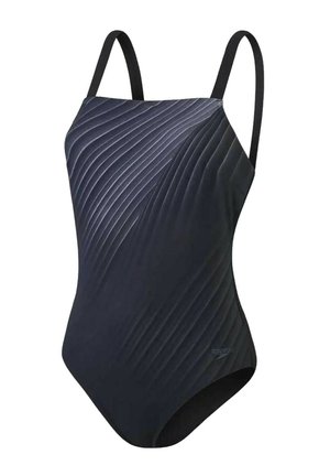 Costume intero nero con spalline sottili e linee diagonali testurizzate sul tessuto.