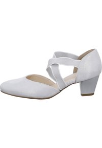 White fabric shoe with a rounded toe, cross-strap design, and a low tapered heel. Smooth texture with slight shimmer accents.