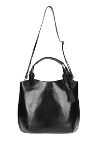 Borsa a mano in pelle nera con finitura lucida, due manici, tracolla regolabile e forma rettangolare. Presenta un dettaglio con etichetta.