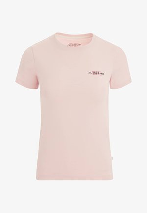 Rožinė medvilnės marškinėliai su trumpomis rankovėmis ir apvaliu iškirpimu. Ant kairiojo krūtinės yra mažas tamsiai raudonas spaudinys su logotipu. Minkšta tekstūra.