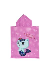 Poncho serviette à capuche en polaire rose avec un design de mermérou en bande dessinée, présentant des écailles colorées et le texte "Des amis miaou-ssants".