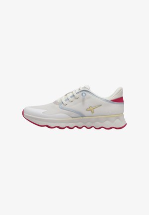 Lightweight running shoes in white mesh with a wavy sole. Features mint green and pink accents, with flat laces and minimal branding detail.