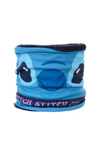 Blauwe stoffen nekwarmer met een cartoonfiguurontwerp, zwarte ogen en roze "STITCH"-tekst onderaan. Zachte textuur.