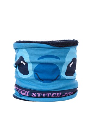 Blauer Stoff-Schal mit einem Cartoon-Charakterdesign, schwarzen Augen und pinkem "STITCH"-Text am unteren Rand. Weicher Stoff.