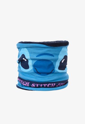 Blauwe stoffen nekwarmer met een cartoonfiguurontwerp, zwarte ogen en roze "STITCH"-tekst onderaan. Zachte textuur.