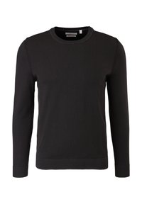 Pull noir à manches longues avec col rond, poignets et ourlet côtelés, présenté sur un fond blanc.