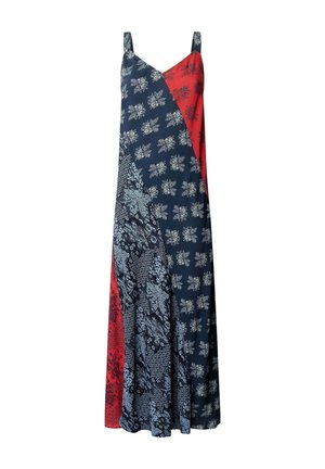 Abito lungo senza maniche con motivi floreali misti in pannelli blu navy, rosso e azzurro chiaro e sottili spalline.