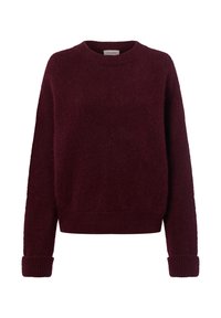 Burgundy sweater made of soft, fluffy material. Crew neck, ribbed cuffs, and hem. Loose fit with minimal seams, providing a cozy appearance.