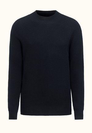 Marineblauer, gerippter Strickpullover mit Rundhals, langen Ärmeln und strukturiertem Stoff. Ausgestattet mit einem taillierten Saum und Bündchen für eine enganliegende Passform.