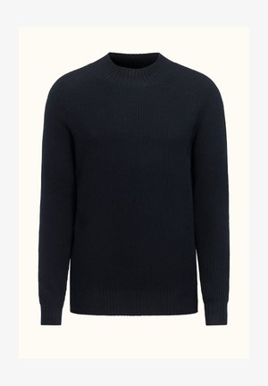 Navy ribbed knit sweater with a round neck, long sleeves, and textured fabric. Features a fitted waistband and cuffs for a snug fit.